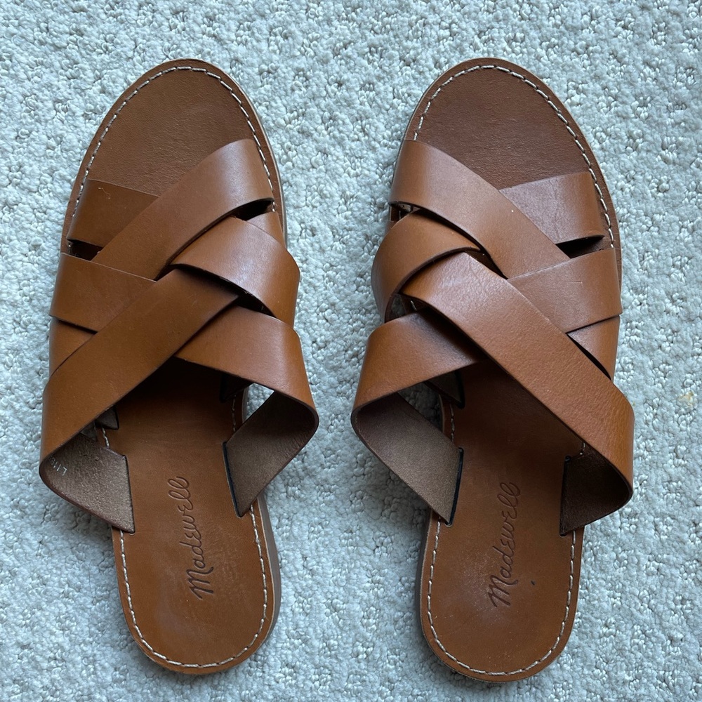Madewell The Boardwalk Woven Slide Sandal size 7.5, leather upper